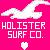Pixelated pink background with white cloud-like shape above text reading 'HOLISTER SURF CO.' in blocky letters.