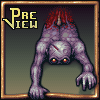 Pixel art creature with purple skin, red hair, and glowing orange eyes in a crouched pose against dark green background.