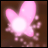 Pixelated pink and white abstract shape with bright central glow on brown background, static image.