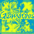 A repeating pattern of blue and yellow pixelated shapes with a horizontal band of stylized text across the top.