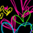 A 4-frame animated contact sheet showing a red background with white text and colorful neon heart shapes on the left side, arranged in a 2x2 grid layout.