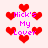 Pixelated red hearts surround pink text reading 'Nick's My Lover' on a light background.