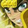 Anime character with brown hair and blue eyes in yellow armor, showing two facial expressions with visible text 'GMM' in yellow block letters.