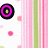 Pixelated icon with pink and green striped background, scattered polka dots, and three distinct symbols: a purple circle, blue 'M' on black base, red 'G'.