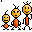 Pixelated yellow figures with orange bodies and black limbs stand in two against a gray background, displaying varied facial expressions