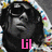 Four identical grayscale portraits of a person in sunglasses and hooded sweatshirt with colorful patterned trim