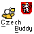 Pixelated icon shows yellow-shirted figure holding checkered flag, red shield with white bear and yellow star above text "Czech Buddy".