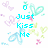 Pixelated icon with cyan text 'Just Kiss Me' surrounded by pastel pink, green, and blue floral and heart shapes on white background.
