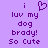 Pixelated purple background with dark purple text reading 'i luv my dog brady! So Cute' and a heart symbol above the 'i'.