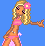 Pixelated cartoon woman in pink bikini with flower headband, dancing against blue background with large pink text.