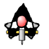 A cartoon rocket with a pink nose cone, silver body, yellow fins, and black wings in four distinct poses.