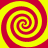 Four red and yellow spiral patterns arranged in a on a solid background, each with alternating color bands forming clockwise spirals