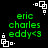 Green pixelated text reads 'eric charles eddy<3' on black background with white square corner elements. White square corner elements shift position across frames while text remains static.