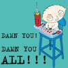 Four- cartoon image of Stewie Griffin from Family Guy with text overlays and varying expressions