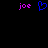 Pixelated text and a heart symbol on black background, with purple 'joe' labels flanking a blue outlined heart.