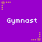 Purple background with repeated 'Gymnast' text and yellow/purple star icons in pixelated style.