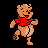 Pixelated cartoon bear in red shirt and beige shorts, shown in two sequential running poses against black background.