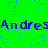 Green background with scattered red, yellow, and blue pixels; repeated blue text 'Andres' across three horizontal lines.