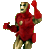 Pixelated figure in red and gold armor with raised right arm, standing against solid gray background.