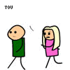 A pixelated animation of two stick figures walking side-by-side, with changing text above them and evolving facial expressions.