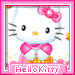 Hello Kitty avatar with pink bow and dress, gray background with small yellow flowers, pink border, and 'Hellokitty' text below.