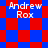 Pixelated red and blue checkered background with white text "Andrew Rox" in four quadrants, transitioning between layouts
