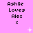 Pixelated text 'Ashlie Loves Alex' with a small 'x' below, set against pink background with white star and cross symbols.