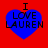 Four blue heart-shaped icons with black text "I LOVE LAUREN" on a red background, each showing slight variations in pixelation and alignment.