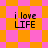 Pixelated text 'i love LIFE' on shifting orange and pink checkered backgrounds with diamond patterns.