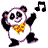 Pixelated cartoon panda with yellow bandana dancing among floating musical notes in a 2x2 contact sheet of three animated frames.