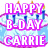 Pixelated birthday cake with blue candles and pink text reading 'HAPPY B-DAY CARRIE' on a light blue patterned background.