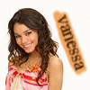 A woman with long brown curly hair wears a pink and red striped sleeveless top with orange floral accents, smiling in various poses next to a brown banner reading "vanessa" with orange decorative elements.