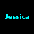Four cyan-bordered squares on black background display 'Jessica' text with a heart in top-right and star in bottom-right square.