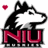 Pixelated husky head with red 'NU' text below, two heart icons above left and right.