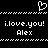 Pixelated black-and-white image with a heart symbol above text reading 'i.love.you! Alex' repeated twice, framed by horizontal lines.