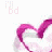 Animated contact sheet of a 48x48 pixel buddy icon showing sequential text changes over time with pink heart shapes in the background.