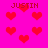 Pixelated red hearts float on a bright pink background with the name "JUSTIN" repeated in pixelated text.