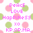 Pixelated icon with pink and green circular shapes on white background, displaying text "Peace Love Happiness xo KP.OP.MA." in bright magenta pixel font.