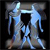 Pixelated static icon of a stylized blue Gemini zodiac symbol with overlapping figures on dark background