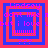 Pixelated text and nested square borders in pink, blue, and red on a solid background with repeated patterns.