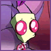 Animated sequence of a green-skinned cartoon character with large red eyes, wearing a pink outfit and purple headpiece, holding a green can that transforms into a circular device.