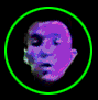 Four circular green-bordered frames show a pixelated purple face with shifting expressions against black background.