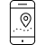 Pixelated grayscale icon of a smartphone with a location pin symbol on its screen, surrounded by small square elements.
