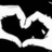 Black-and-white image of two hands forming a heart shape with fingers, accompanied by brown pixelated text on white background.