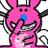 Pixelated pink rabbit-like character with blue nose, wide eyes, and open mouth showing teeth against white background.
