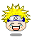 Pixelated character with spiky yellow hair, blue headband featuring a silver spiral symbol, and tears streaming from closed eyes while smiling.