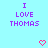Light blue background with purple pixelated text reading "I LOVE THOMAS" and two pink pixelated hearts below.