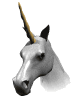 A white unicorn head with a golden horn and black ears, shown in three vertical with subtle pose changes