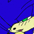 A cartoon fish with a yellow body, green eye patch, and pink mouth swims against a blue background with black lines.