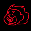 Red and white outlined cartoon head with smiling expression on black background, transitioning between solid and dotted line styles.